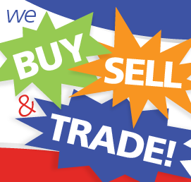 We buy sell and trade text. Image has the word buy in a green starburst, sell in an orange starburst and trade in a blue starburst.