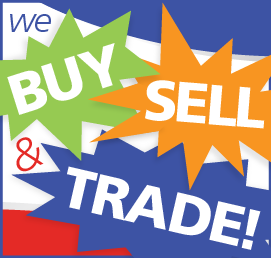 We buy sell and trade text. Image has the word buy in a green starburst, sell in an orange starburst and trade in a blue starburst.